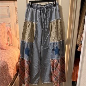 POL Patchwork Wide-Leg Pants in Light Blue, Beige, Blue, and Pink Plaid